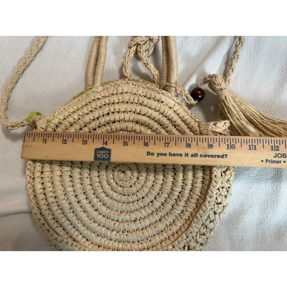 Solid & Striped Woven Straw Circle Crossbody Bag Tassel Natural Beige